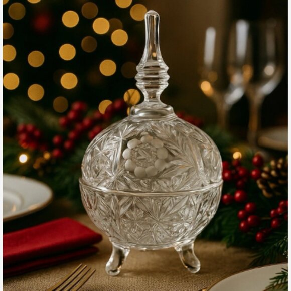 Vintage VIKSA Candy Dish Bowl With Top Cover 24% Lead Crystal 4-Footed 9" x 5" - Picture 2 of 4